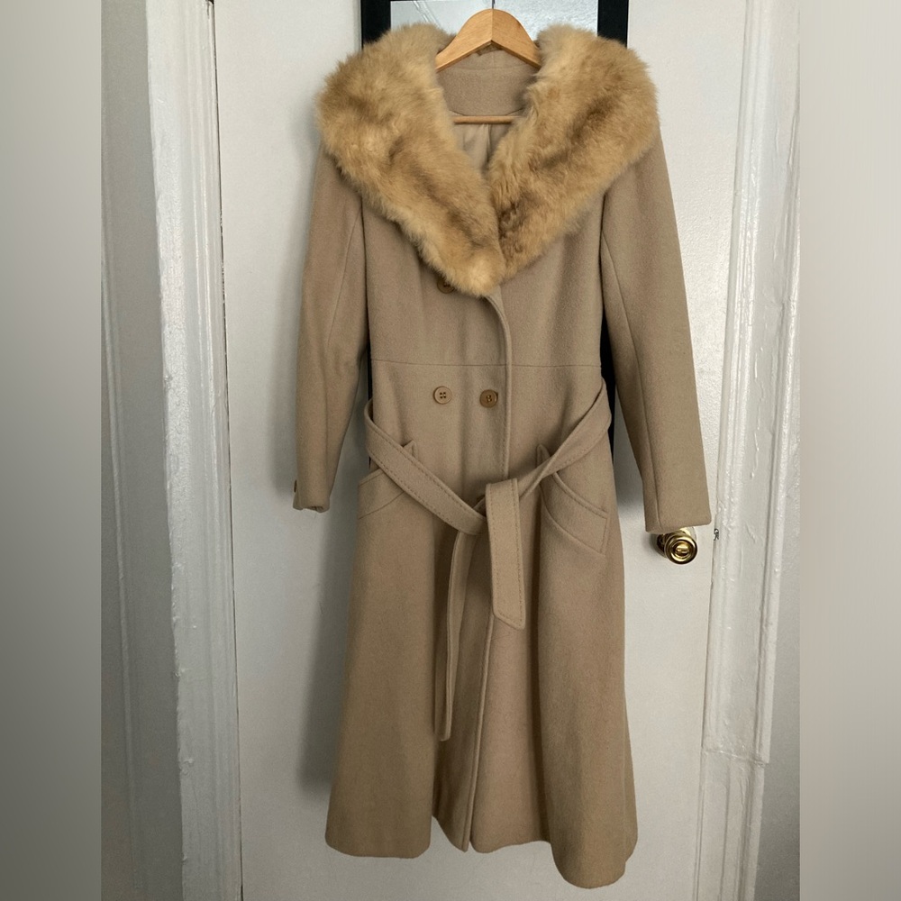 Womens Vintage 70s Domino Mob Wife Penny Lane Fur Trimmed Wool Coat